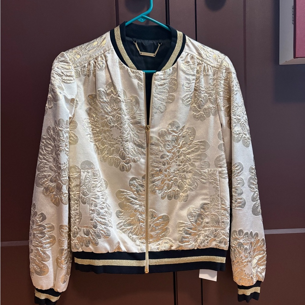 Trina Turk Champagne Gold Floral Bomber Jacket
